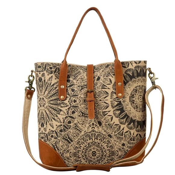 Myra Bag Handmade Le Medallion Shoulder Bag Upcycled Canvas & Cowhide Leather - Picture 1 of 16